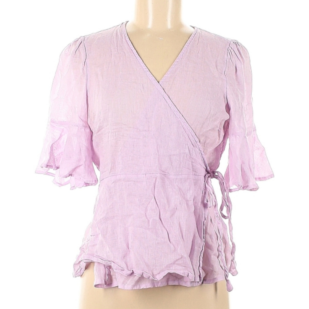 Linen Blend Lilac Purple Wrap Short Sleeve Top